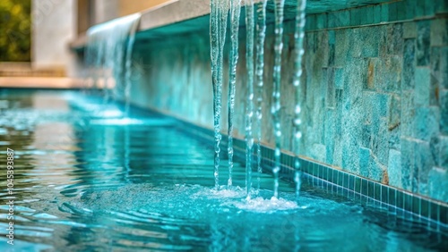 Aqua-colored pool water drips slowly down the side of an indoor fountain, artificial water features, slow drip, pool water, decorative elements