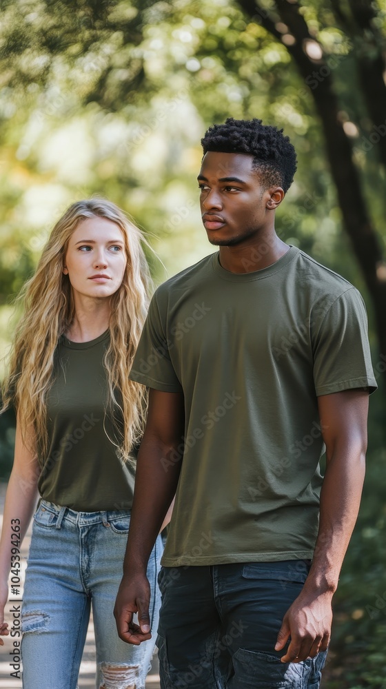 A young couple strolls hand in hand along a serene riverside path, enjoying the calm A young couple strolls hand in hand along a serene riverside path, enjoying the calm