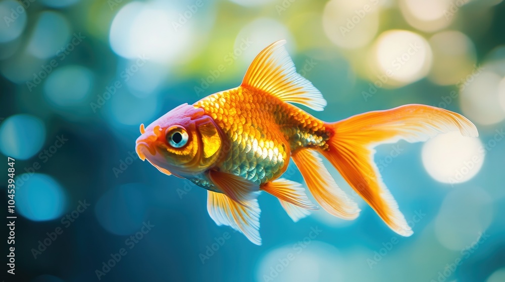 Close-up of a goldfish gliding through the water in a pond, its scales shimmering in the light. Close-up of a goldfish gliding through the water in a pond, its scales shimmering in the light.