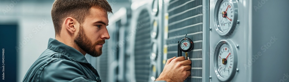 Obraz premium A technician checks gauges on industrial equipment, showcasing precision and attention to detail in a modern workspace.
