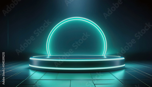 Futuristic Teal Neon Stage: A captivating, minimalist platform bathed in vibrant teal neon light, creating a sleek, modern aesthetic.