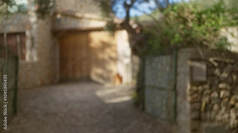 Defocused scenery of a rustic outdoor street in mallorca, spain, with stone houses and nature Defocused scenery of a rustic outdoor street in mallorca, spain, with stone houses and nature