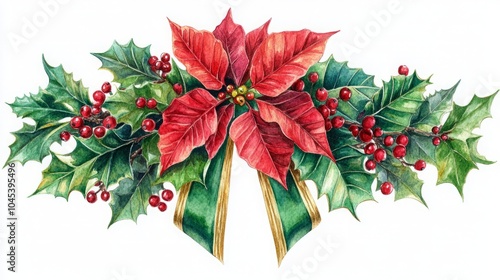 Festive arrangement of poinsettias and holly with ribbons.