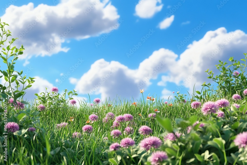 A vibrant meadow filled with blooming flowers under a bright blue sky. A vibrant meadow filled with blooming flowers under a bright blue sky.