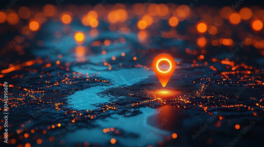 close-up of digital map with glowing orange location pin highlighting key destination close-up of digital map with glowing orange location pin highlighting key destination