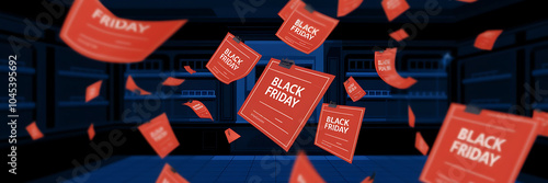 Red Black Friday signs falling in a blue store  Black Friday shopping excitement   