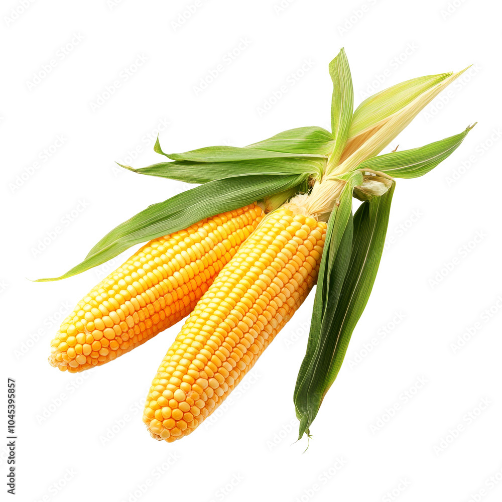 Fresh, yellow corn on the cob with green husks isolated on white background. Fresh, yellow corn on the cob with green husks isolated on white background.
