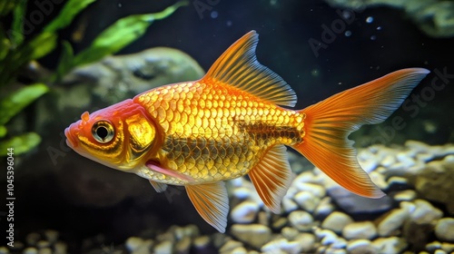 Close-up of a goldfish swimming in an aquarium, its scales reflecting light in the water.