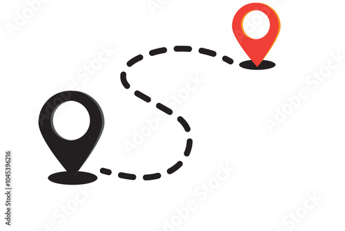Dotted line between two position points, simple vector design, location icon, showing route between two locations marked by pins.