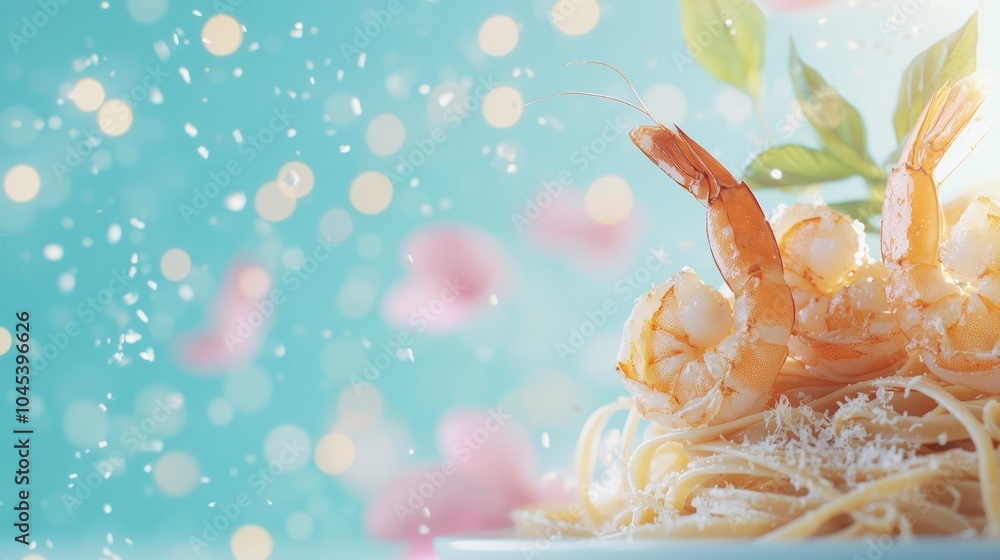 Close-up of shrimp pasta with parmesan cheese and basil leaves on a blue background. Close-up of shrimp pasta with parmesan cheese and basil leaves on a blue background.