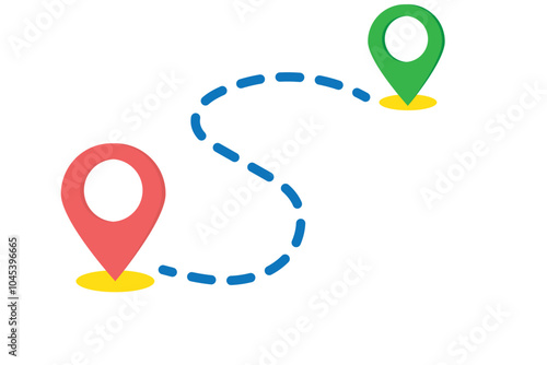 Dotted line between two position points, simple vector design, location icon, showing route between two locations marked by pins.