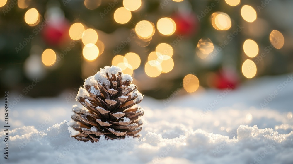 Close-up of a snow-covered pine cone with a blurred Christmas tree behind, highlighting a warm holiday setting. Close-up of a snow-covered pine cone with a blurred Christmas tree behind, highlighting a warm holiday setting.