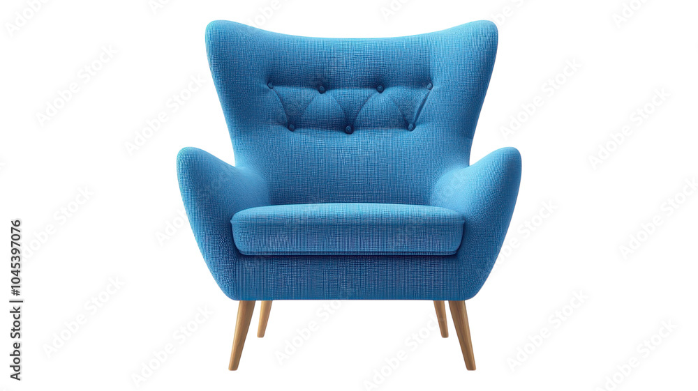 Fototapeta premium Bright blue mid-century modern armchair with elegant legs, perfect for living room decor.