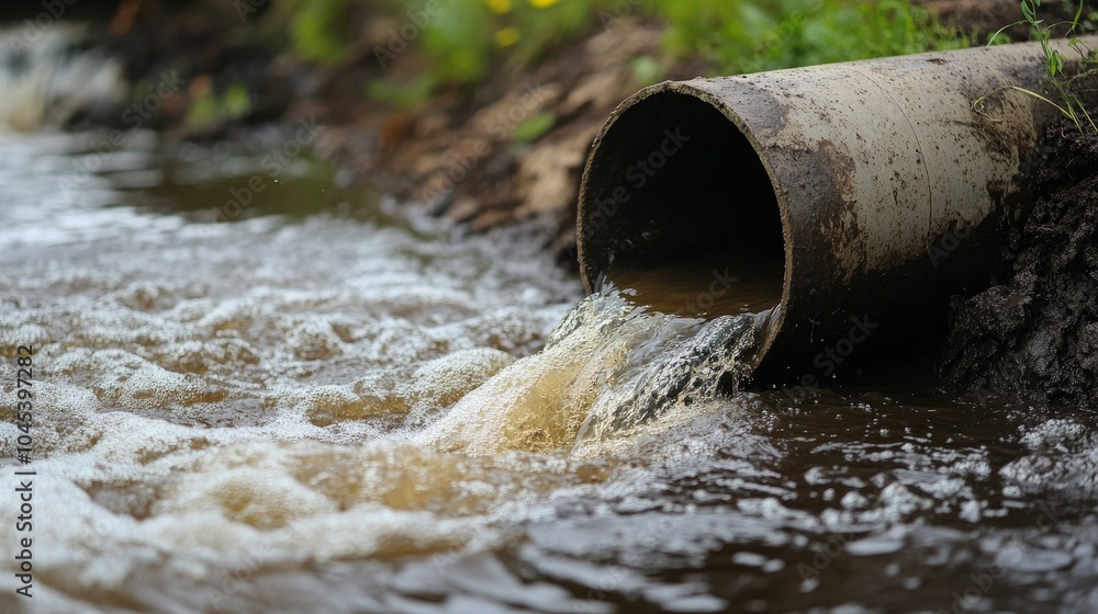 Close-up of dirty water flowing out of an old pipe, filling a muddy riverbank. Close-up of dirty water flowing out of an old pipe, filling a muddy riverbank.