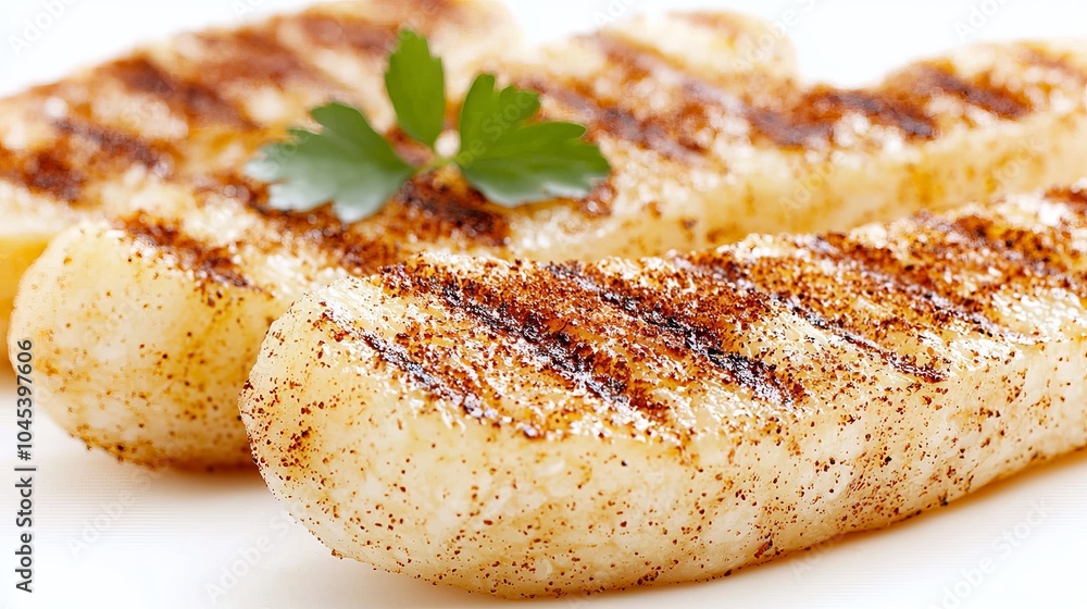 Grilled plantains with grill marks and fresh parsley. Grilled plantains with grill marks and fresh parsley.
