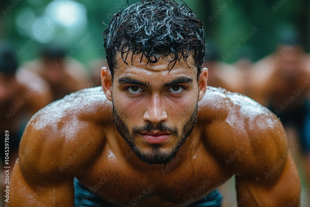 Man with a beard and a wet head is looking at the camera. He is wearing a black shirt and white shorts. a man doing high intensity cardio Man with a beard and a wet head is looking at the camera. He is wearing a black shirt and white shorts. a man doing high intensity cardio
