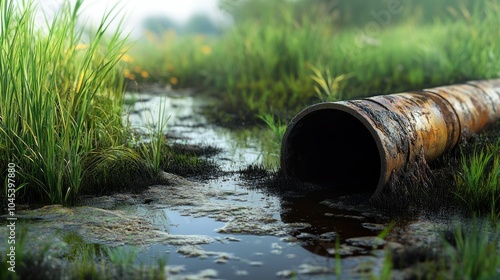Wallpaper Mural Contaminated water leaking from a broken pipe into a marshy area, causing visible pollution. Torontodigital.ca
