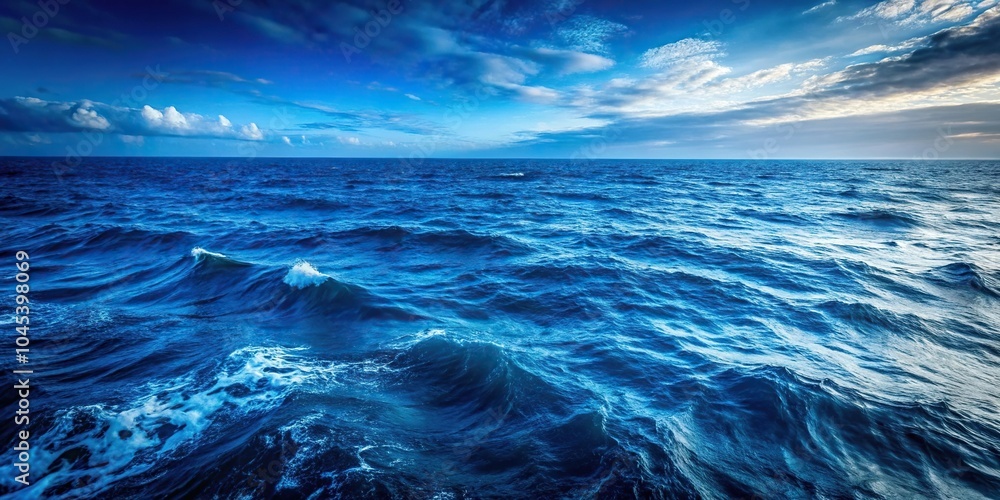A vast expanse of a dark blue ocean with waves gently lapping at the shore, creating a sense of movement and energy, wave pattern, water, shore, line, foam A vast expanse of a dark blue ocean with waves gently lapping at the shore, creating a sense of movement and energy, wave pattern, water, shore, line, foam