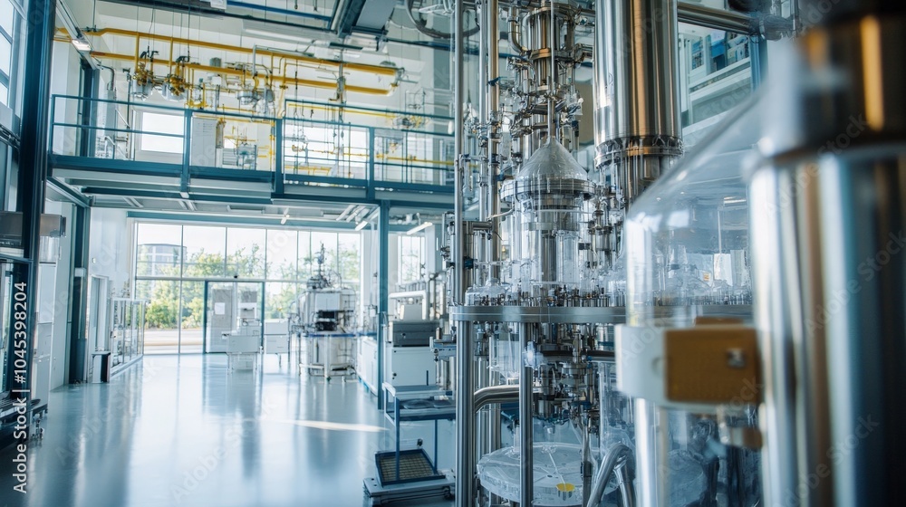 A biotech innovation lab specializing in developing biofuels, with advanced machinery converting plant materials into sustainable energy. A biotech innovation lab specializing in developing biofuels, with advanced machinery converting plant materials into sustainable energy.