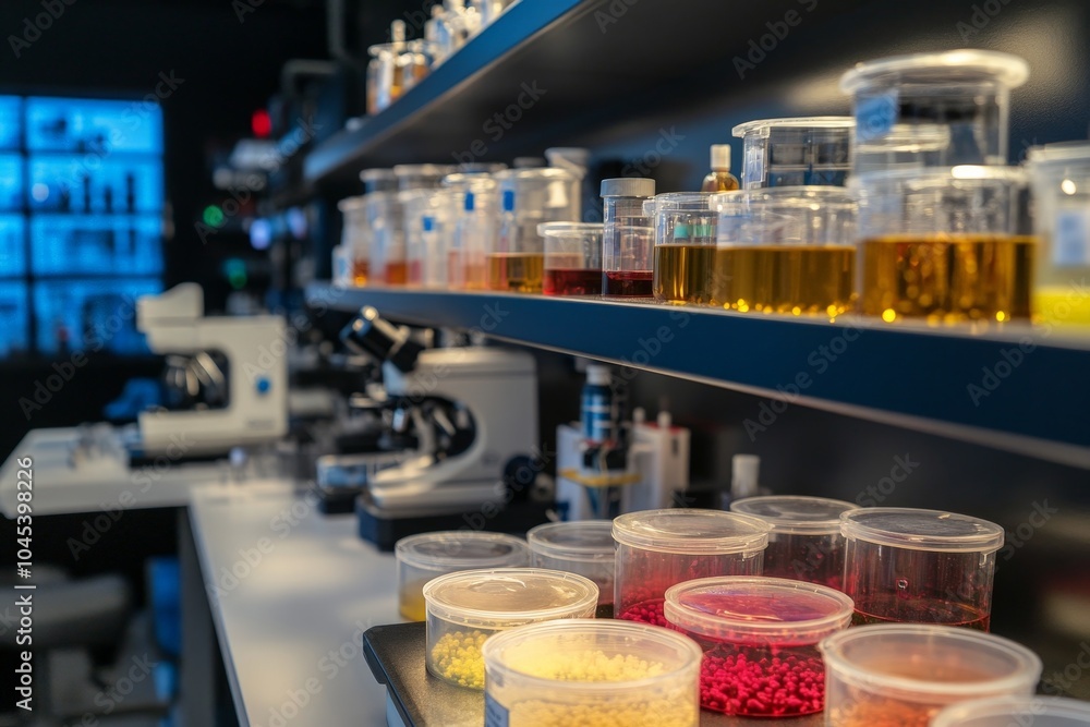 A biotech innovation center with a focus on developing new antibiotics using natural organisms, with petri dishes and microscopes on display. A biotech innovation center with a focus on developing new antibiotics using natural organisms, with petri dishes and microscopes on display.