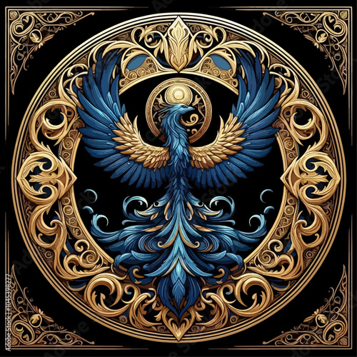 Fantasy phoenix, royal blue, and gold plumage, ornate circular frame