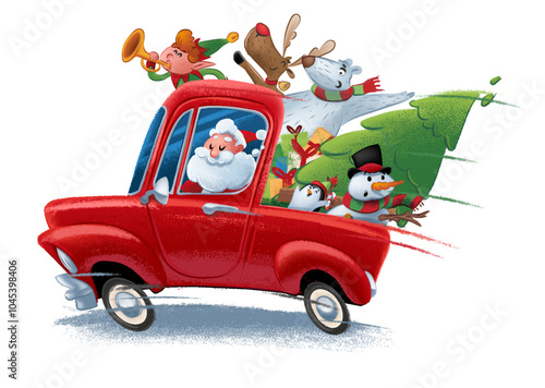 Santa Claus driving red car with bear penguin elf snowman