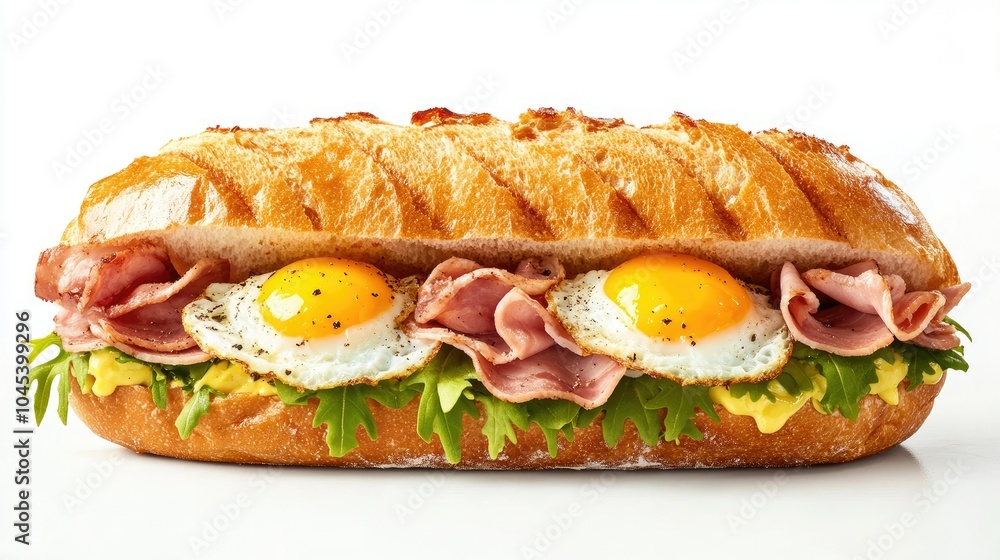 Crispy ham and eggs on a Strammer Max sandwich, isolated on a white backdrop. Crispy ham and eggs on a Strammer Max sandwich, isolated on a white backdrop.
