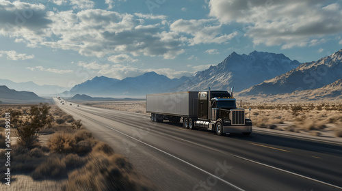 A semi truck drives along a snow-lined mountain road at dusk. American national truck driver appreciation week poster.
