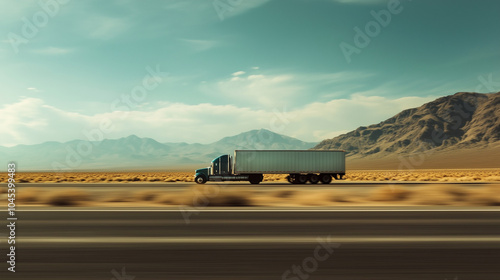 A semi truck drives along a snow-lined mountain road at dusk. American national truck driver appreciation week poster.
