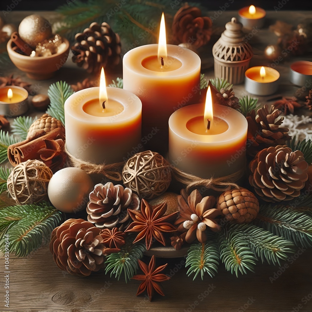 Christmas wreath with three burning candles, surrounded by pine branches, cones, dried orange slices, cinnamon, and decorative balls, creating a cozy and festive atmosphere. Christmas wreath with three burning candles, surrounded by pine branches, cones, dried orange slices, cinnamon, and decorative balls, creating a cozy and festive atmosphere.