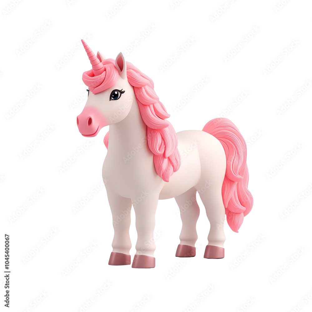 Fototapeta premium Cute unicorn toy figure, with pink mane, standing on a white isolated background.
