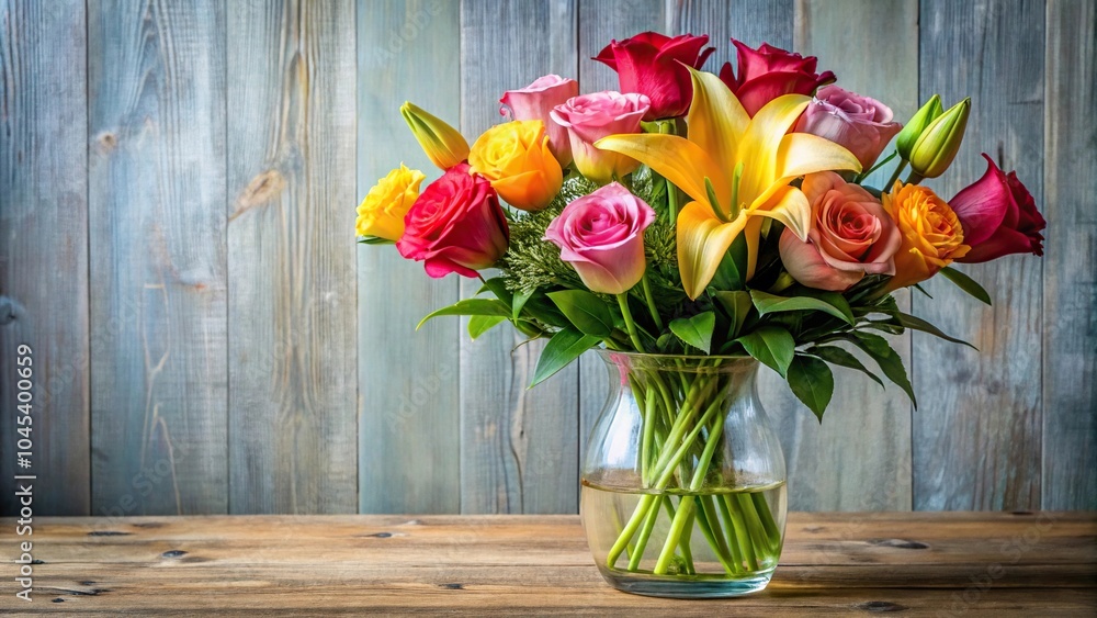 Colorful arrangement of long-stemmed roses and lilies in a vase, vase, arrangement, garden Colorful arrangement of long-stemmed roses and lilies in a vase, vase, arrangement, garden