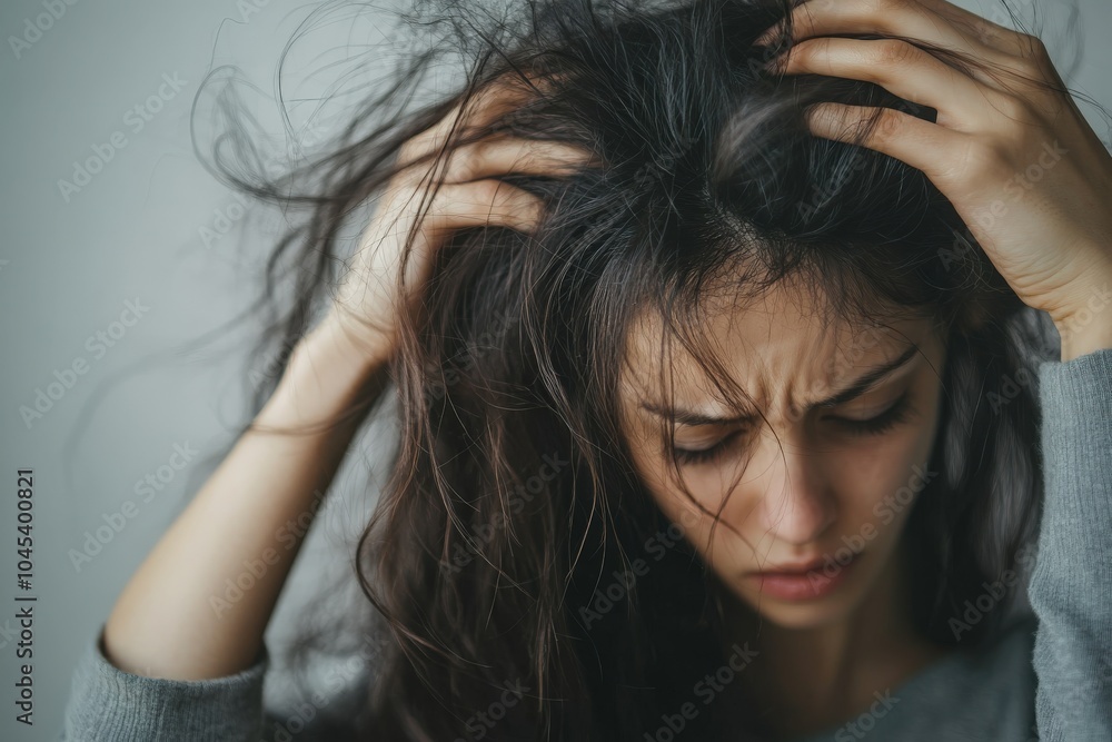 Fototapeta premium Unhealthy Hair. The Woman with Unkempt Hair Showing Symptoms of Alopecia and Stress