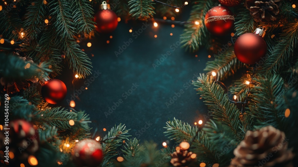Christmas pine branches, red baubles, and twinkling lights forming a festive frame with black space for text. Christmas pine branches, red baubles, and twinkling lights forming a festive frame with black space for text.