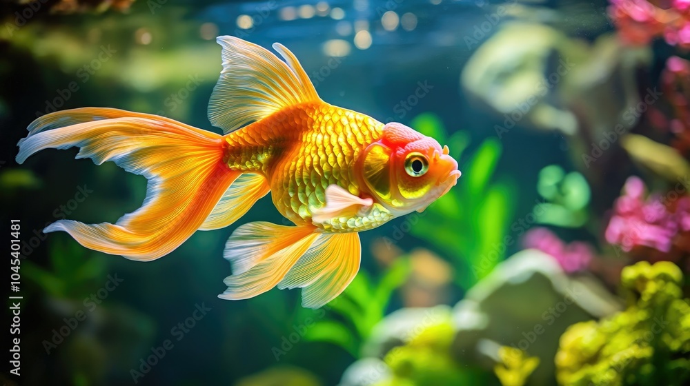 Detailed shot of a goldfish swimming in an aquarium, with its delicate fins flowing in the water. Detailed shot of a goldfish swimming in an aquarium, with its delicate fins flowing in the water.