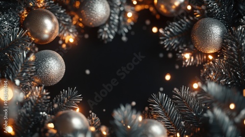 Wallpaper Mural Christmas pine branches, silver baubles, and lights surrounding black copy space for writing. Torontodigital.ca