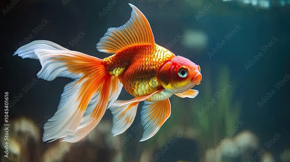 Detailed shot of a goldfish swimming in an aquarium, with its delicate fins flowing in the water. Detailed shot of a goldfish swimming in an aquarium, with its delicate fins flowing in the water.
