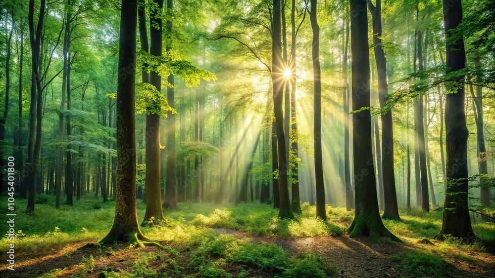 Fototapeta premium Dense forest with tall trees and sunlight filtering through leaves, canopy, natural surroundings, wilderness, woods
