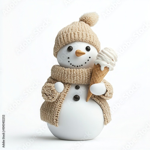 Snowman in knitted hat and scarf holding an ice cream cone, white isolated background