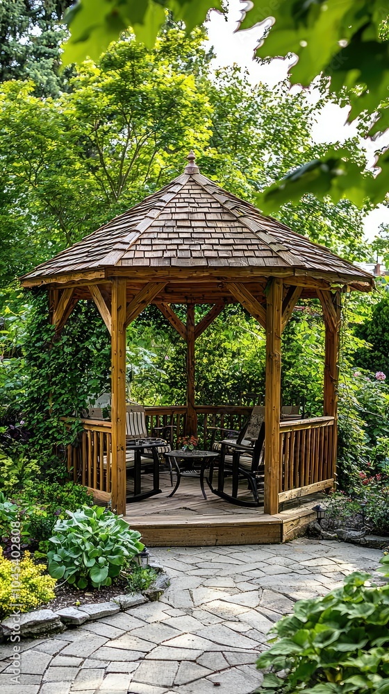 Charming Wooden Gazebo in Lush Garden Setting Charming Wooden Gazebo in Lush Garden Setting
