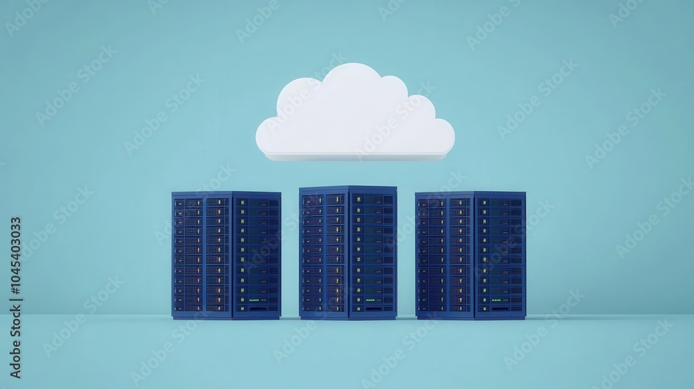 Three server racks with a cloud above them on a light blue background. Three server racks with a cloud above them on a light blue background.