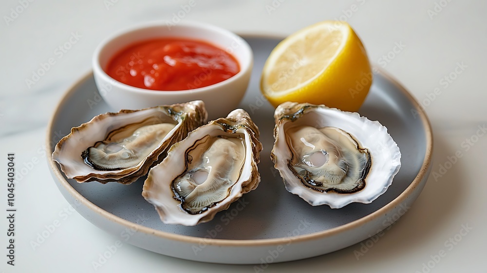 Savor the delicacies of fresh oysters served with tangy cocktail sauce and a slice of lemon for a delectable seafood experience Savor the delicacies of fresh oysters served with tangy cocktail sauce and a slice of lemon for a delectable seafood experience
