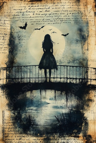 A mysterious girl stands alone on a bridge under a full moon surrounded by bats capturing the essence of solitude and intrigue