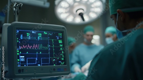 A close-up of a vital signs monitor during a surgery, displaying real-time data on heart rate and blood pressure, with the surgical team working in the background