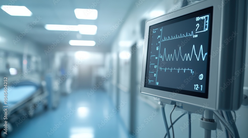 A vital signs monitor showing stable readings with a steady pulse line, set in a clean, organized hospital room, creating a sense of calm in patient care A vital signs monitor showing stable readings with a steady pulse line, set in a clean, organized hospital room, creating a sense of calm in patient care