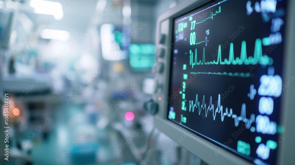 A vital signs monitor showing stable readings with a steady pulse line, set in a clean, organized hospital room, creating a sense of calm in patient care A vital signs monitor showing stable readings with a steady pulse line, set in a clean, organized hospital room, creating a sense of calm in patient care