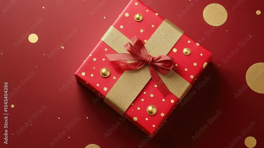 Elegant red gift box with gold circle motifs and ribbon, placed within a minimalist festive scene. Perfect for holiday postcards.