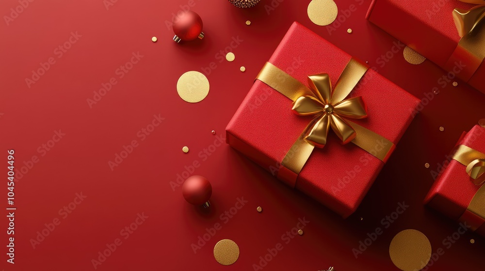 Elegant red gift box with gold circles and a ribbon, set within a minimalist festive scene for holiday greetings. Elegant red gift box with gold circles and a ribbon, set within a minimalist festive scene for holiday greetings.