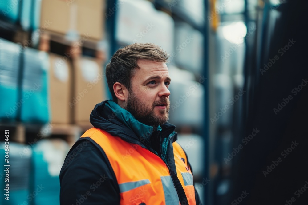 A focused man in a safety vest stands in a warehouse. He watches the operations closely. This image shows warehouse management and safety. Generative AI A focused man in a safety vest stands in a warehouse. He watches the operations closely. This image shows warehouse management and safety. Generative AI