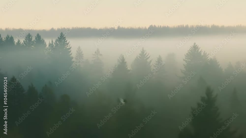 Misty morning landscape: foggy forest at sunrise with silhouetted trees Misty morning landscape: foggy forest at sunrise with silhouetted trees